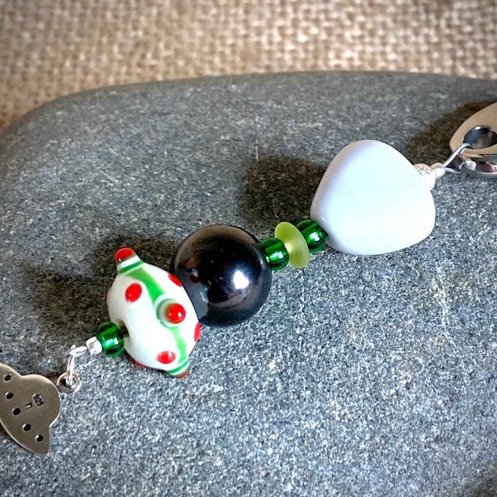 Shungite Alien Clip-on, Artisan Lampwork Glass Bead, Green and White