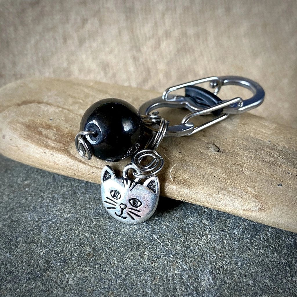 Shungite Bead Cat Collar Charm | Silver Kitty Face, Carabiner Clip