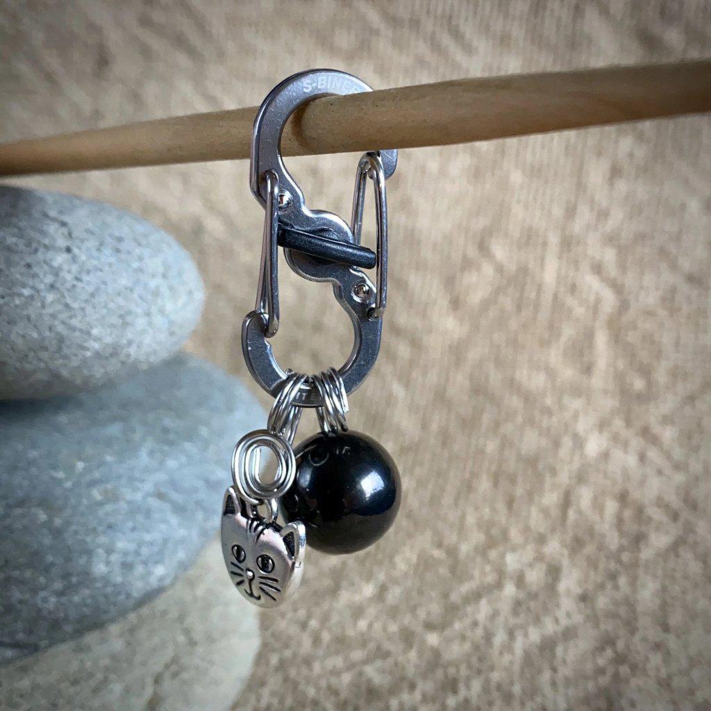 Shungite Bead Cat Collar Charm | Silver Kitty Face, Carabiner Clip