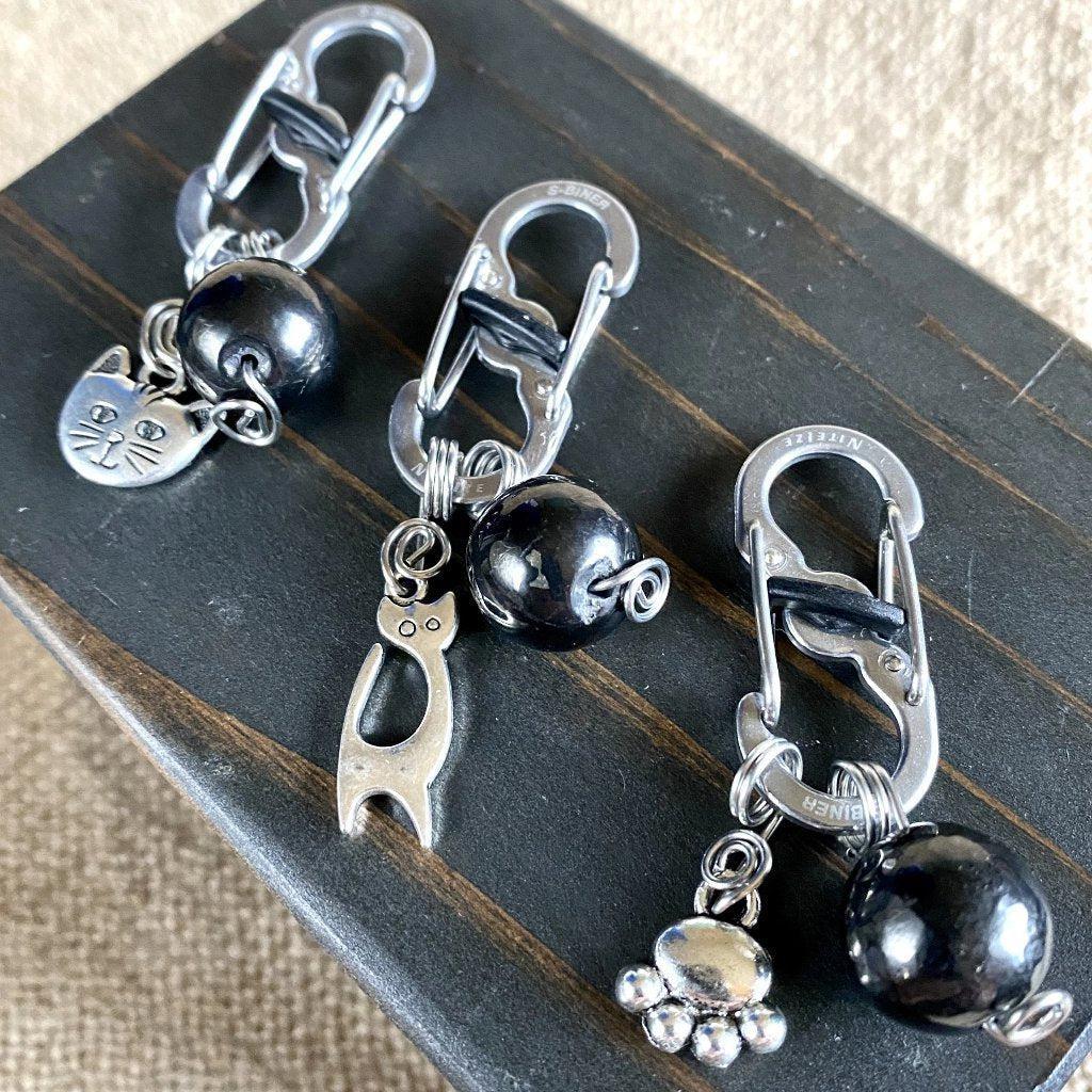 Shungite Bead Cat Collar Charm | Silver Kitty Face, Carabiner Clip