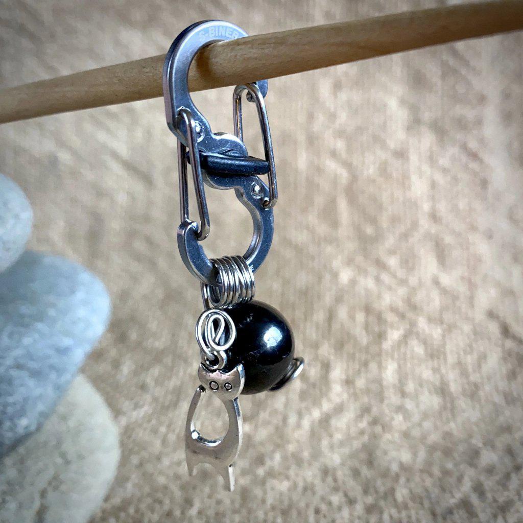 Shungite Bead Cat Pendant, Silver Kitty Charm, Carabiner Clip for Collar