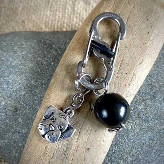 Shungite Bead Dog Collar Charm | Silver Puppy Face, Carabiner Clip