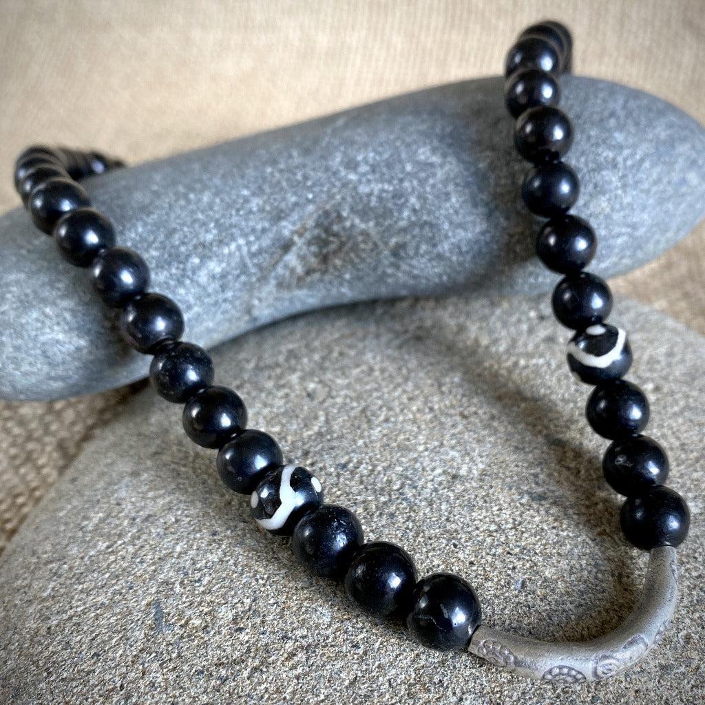 Shungite Bead Necklace | Hill Tribe Silver Floral Tube Bead, Unisex