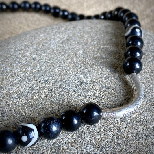 Shungite Bead Necklace | Hill Tribe Silver Floral Tube Bead, Unisex