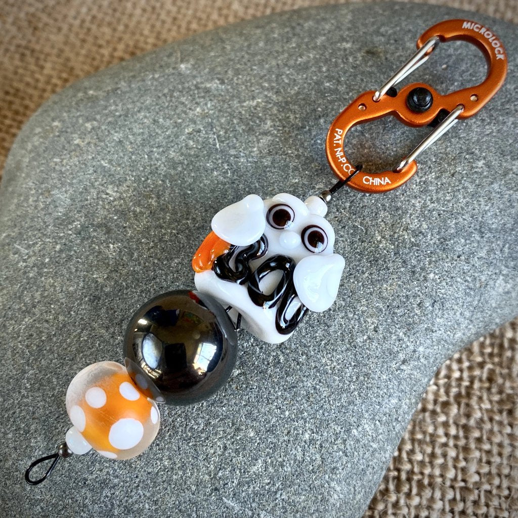 Shungite & Boo Ghost Halloween Clip-On Necklace, Lampwork Glass Bead