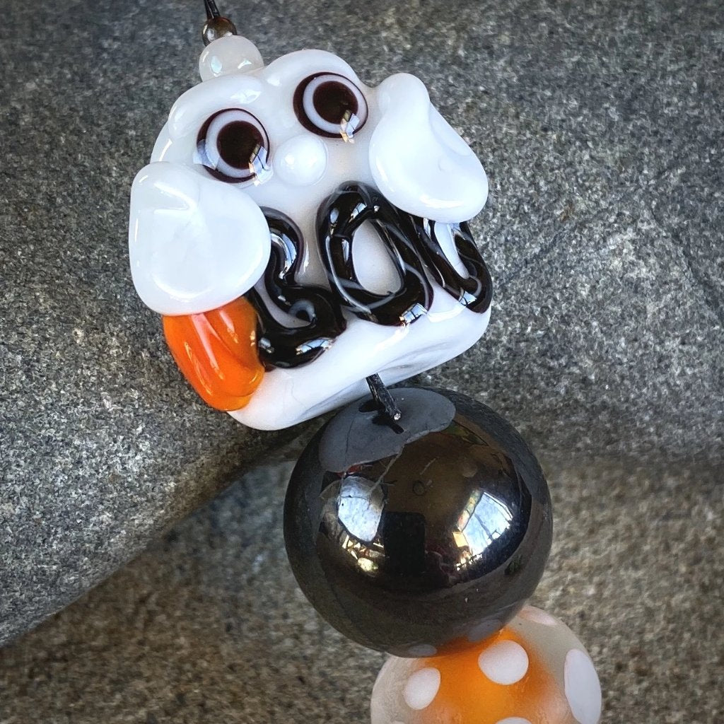 Shungite & Boo Ghost Halloween Clip-On Necklace, Lampwork Glass Bead