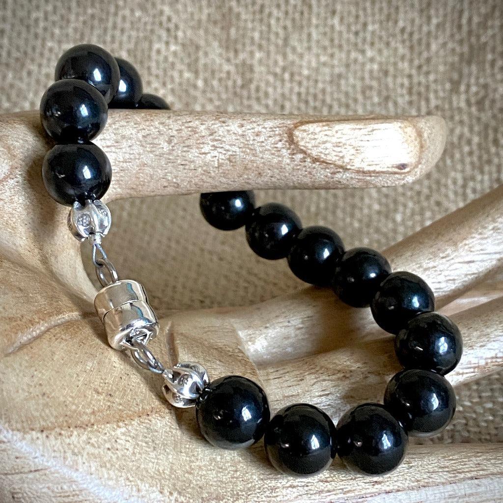 Shungite Bracelet, 10mm Round Beads, Sterling Silver Clasp