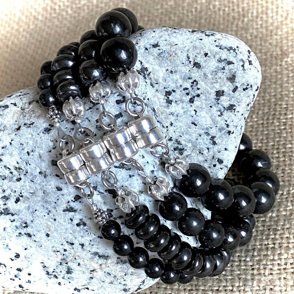 Shungite Bracelet, 10mm Round Beads, Sterling Silver Clasp