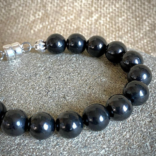 Shungite Bracelet, 10mm Round Beads, Sterling Silver Clasp