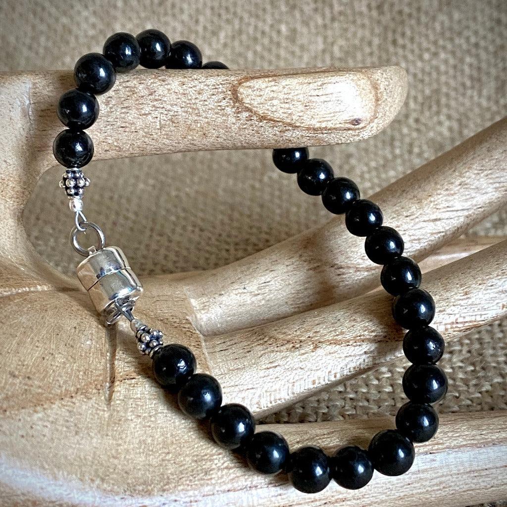 Shungite Bracelet, 6mm Round Beads, Sterling Silver Clasp