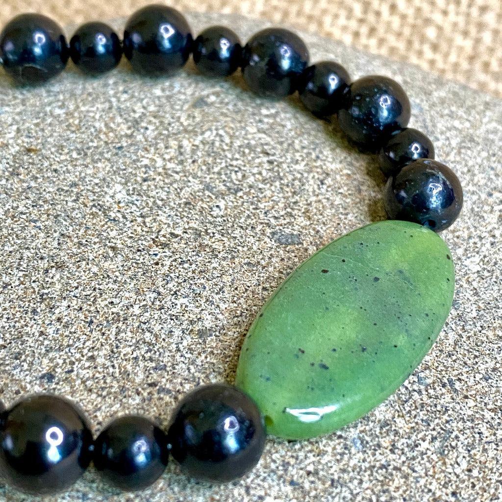 Shungite Bracelet Large Oval Green Jade Focal Bead