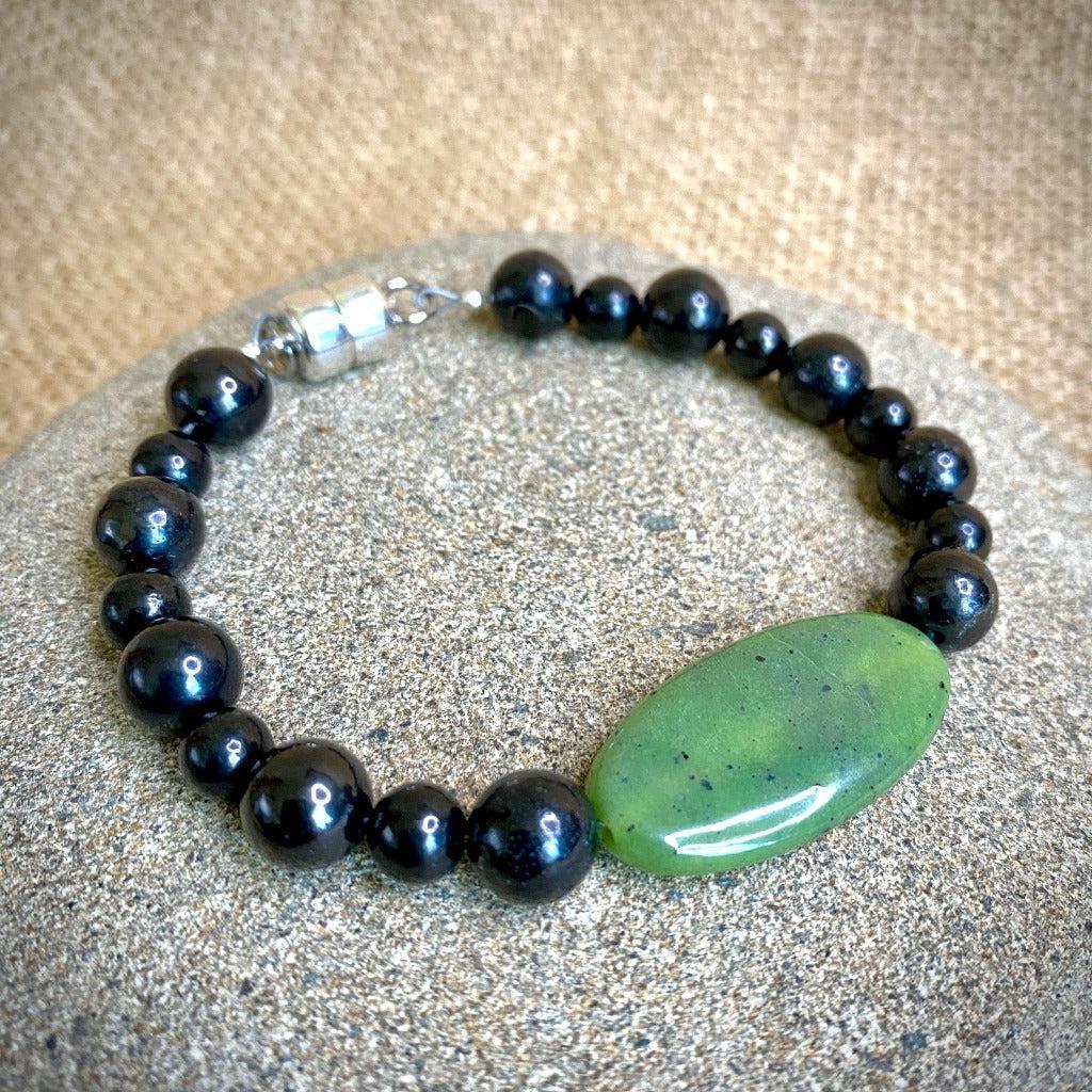 Shungite Bracelet Large Oval Green Jade Focal Bead