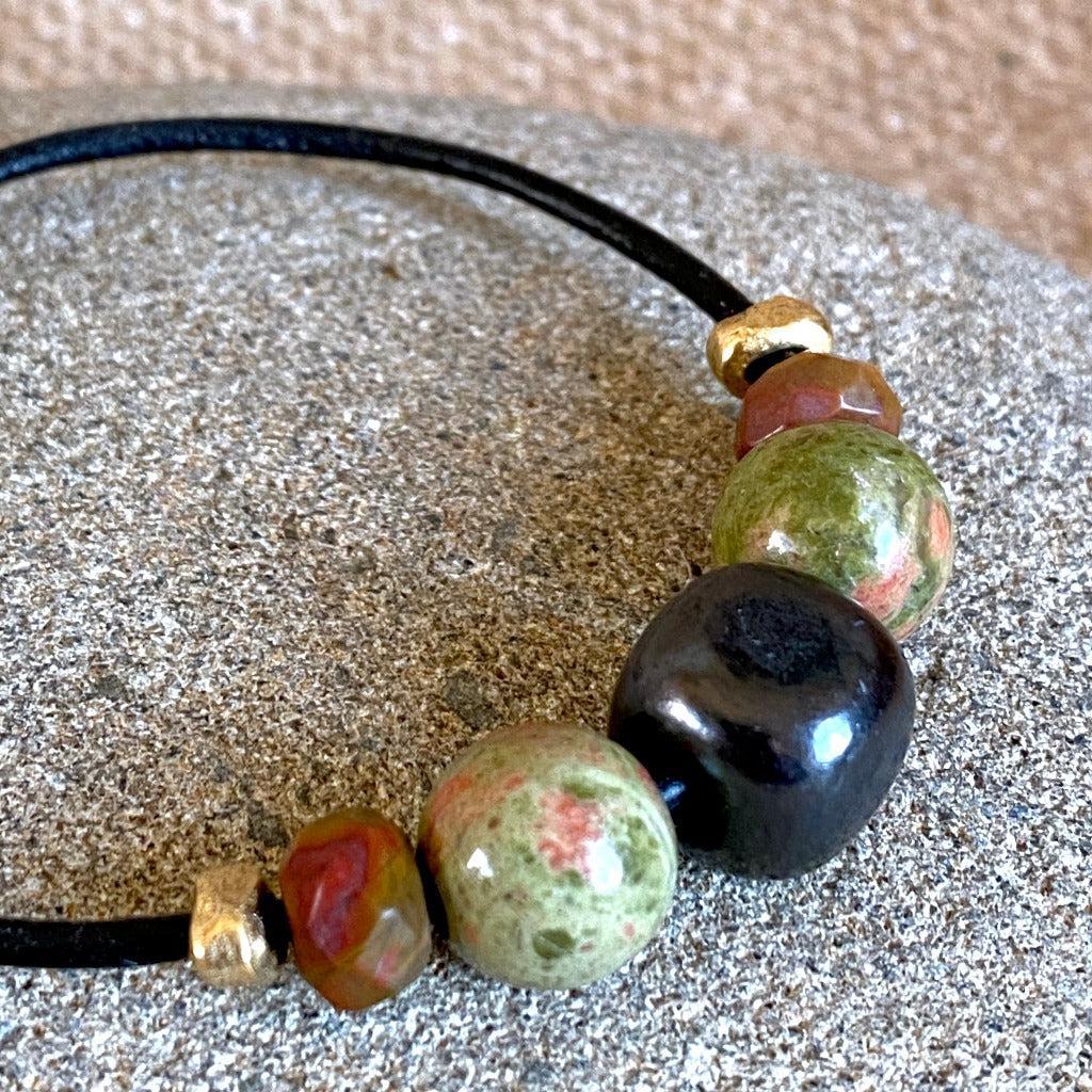 Shungite Bracelet with Unakite & Red Creek Jasper on Leather & Brass