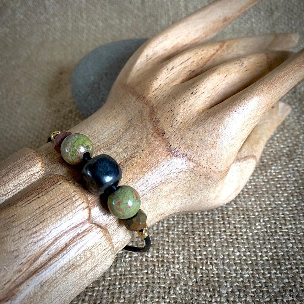 Shungite Bracelet with Unakite & Red Creek Jasper on Leather & Brass