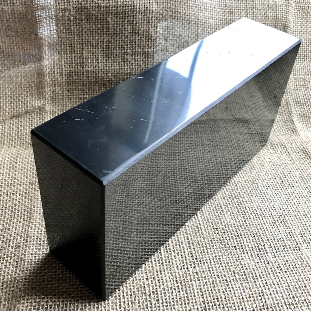 Shungite Brick, Genuine Black Shungite on Custom Mahogany Base - Shungite Queen