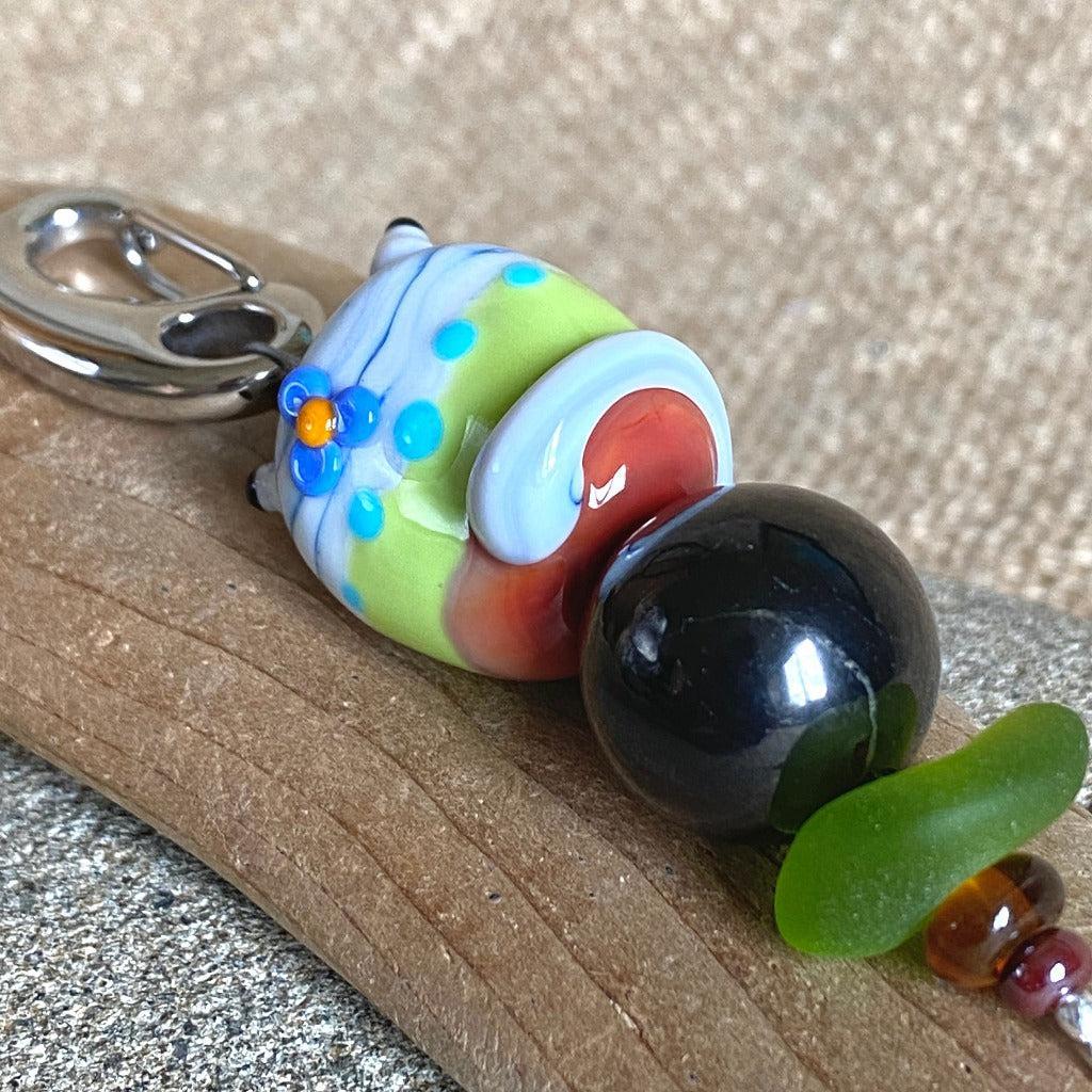 Shungite Clip-on, Necklace, Green and Brown Cat, Artisan Lampwork Glass