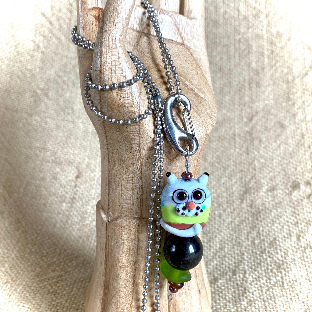 Shungite Clip-on, Necklace, Green and Brown Cat, Artisan Lampwork Glass