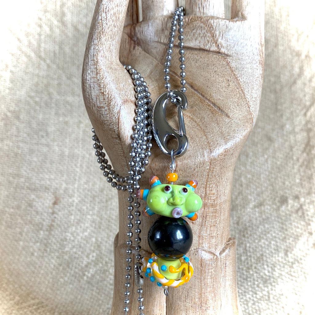 Shungite Clip-on, Necklace, Whimsical Lime Green Sun Face, Lampwork Glass