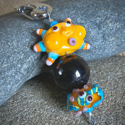 Shungite Clip-on, Necklace, Whimsical Orange Sun Face, Lampwork Glass