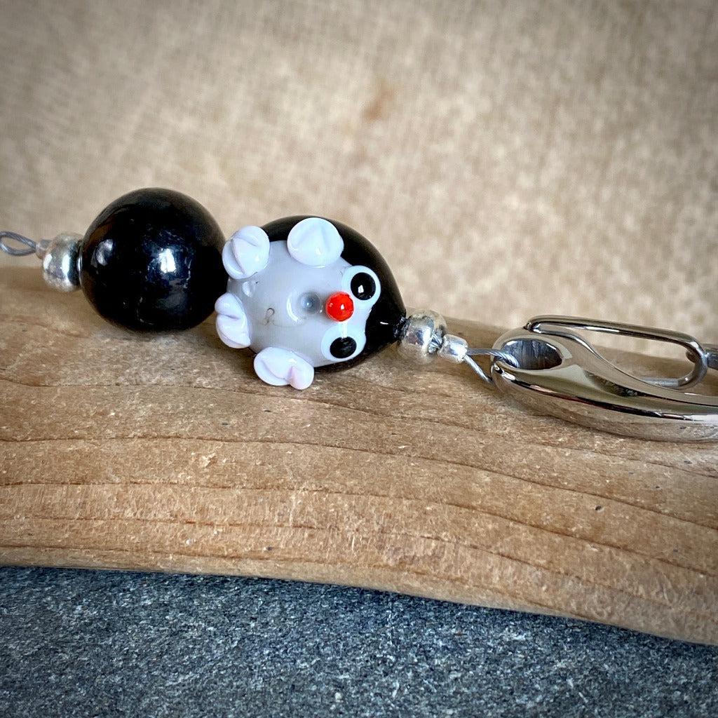 Shungite Clip-on Necklace With Artisan Lampwork Glass Bead Penguin