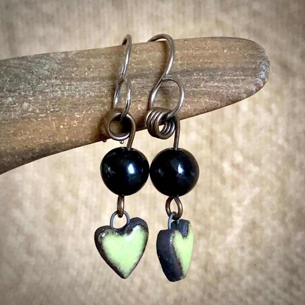 Shungite & Colorful Ceramic Heart Earrings, Brass, Titanium Ear Wires