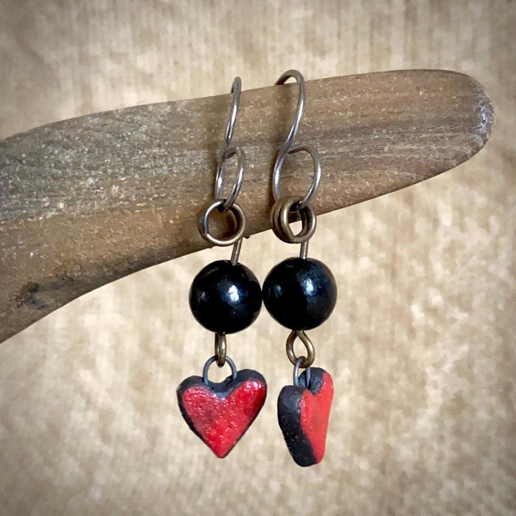 Shungite & Colorful Ceramic Heart Earrings, Brass, Titanium Ear Wires