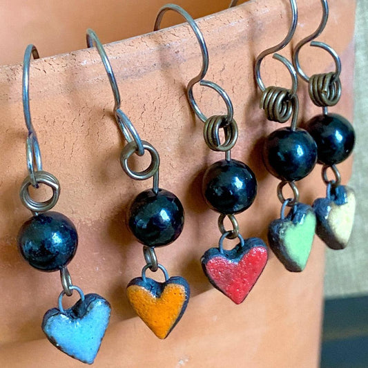 Shungite & Colorful Ceramic Heart Earrings, Brass, Titanium Ear Wires