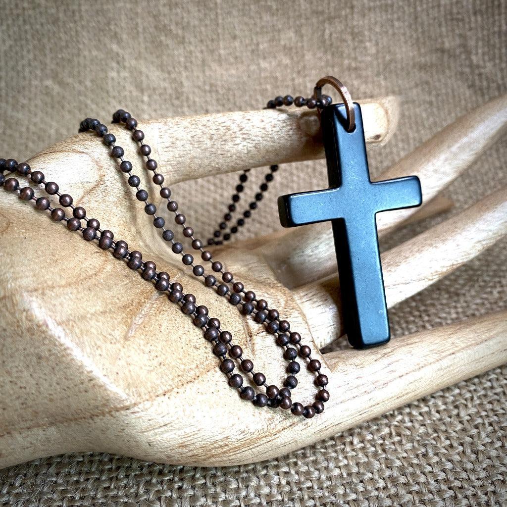 Shungite Cross Pendant, Unisex Necklace on Antiqued Copper Ball Chain