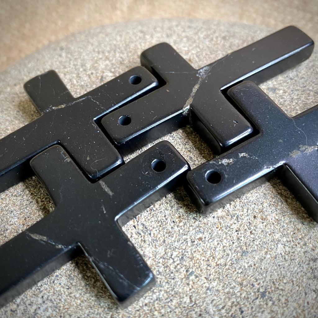 Shungite Cross Pendant, Unisex Necklace on Antiqued Copper Ball Chain