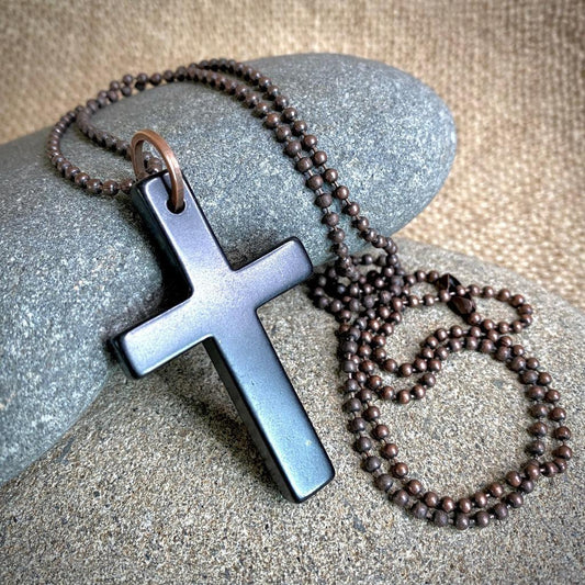 Shungite Cross Pendant, Unisex Necklace on Antiqued Copper Ball Chain