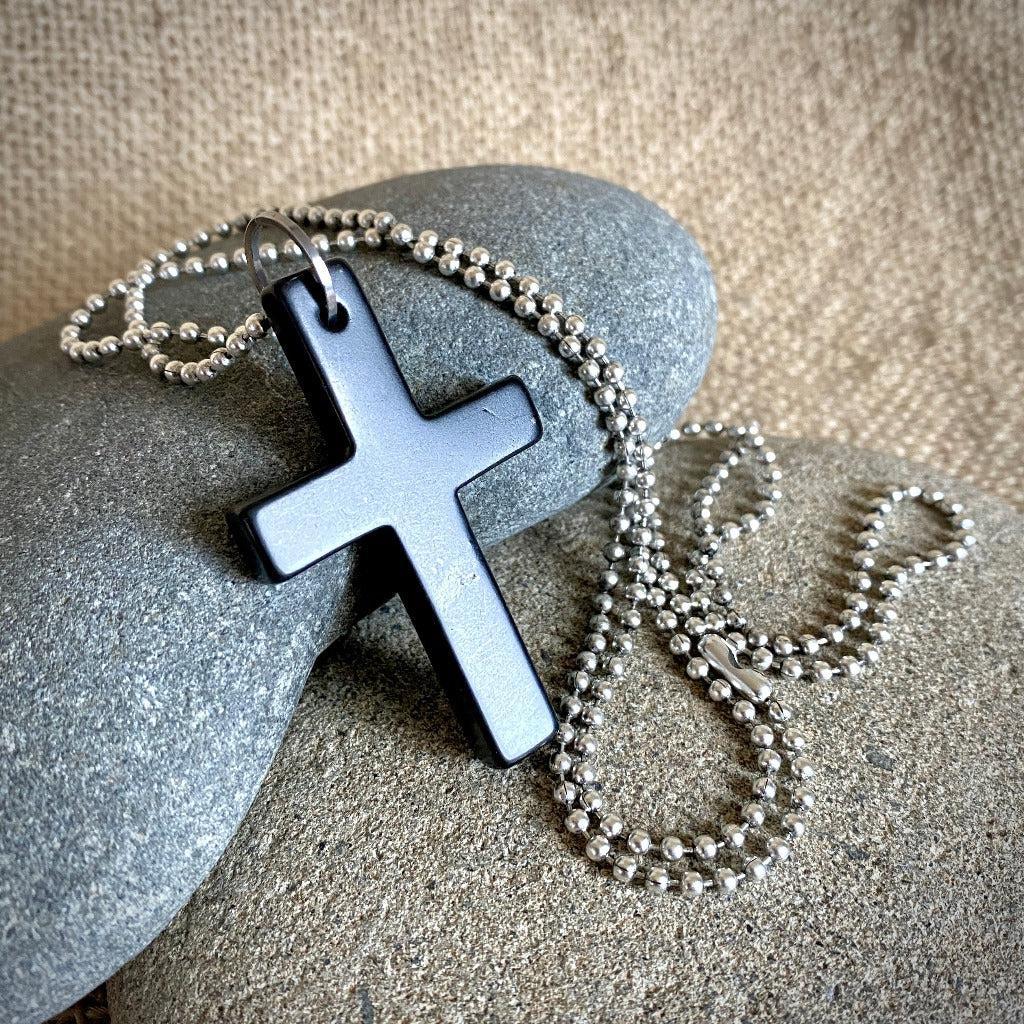 Shungite Cross Pendant, Unisex Necklace on Silver Ball Chain