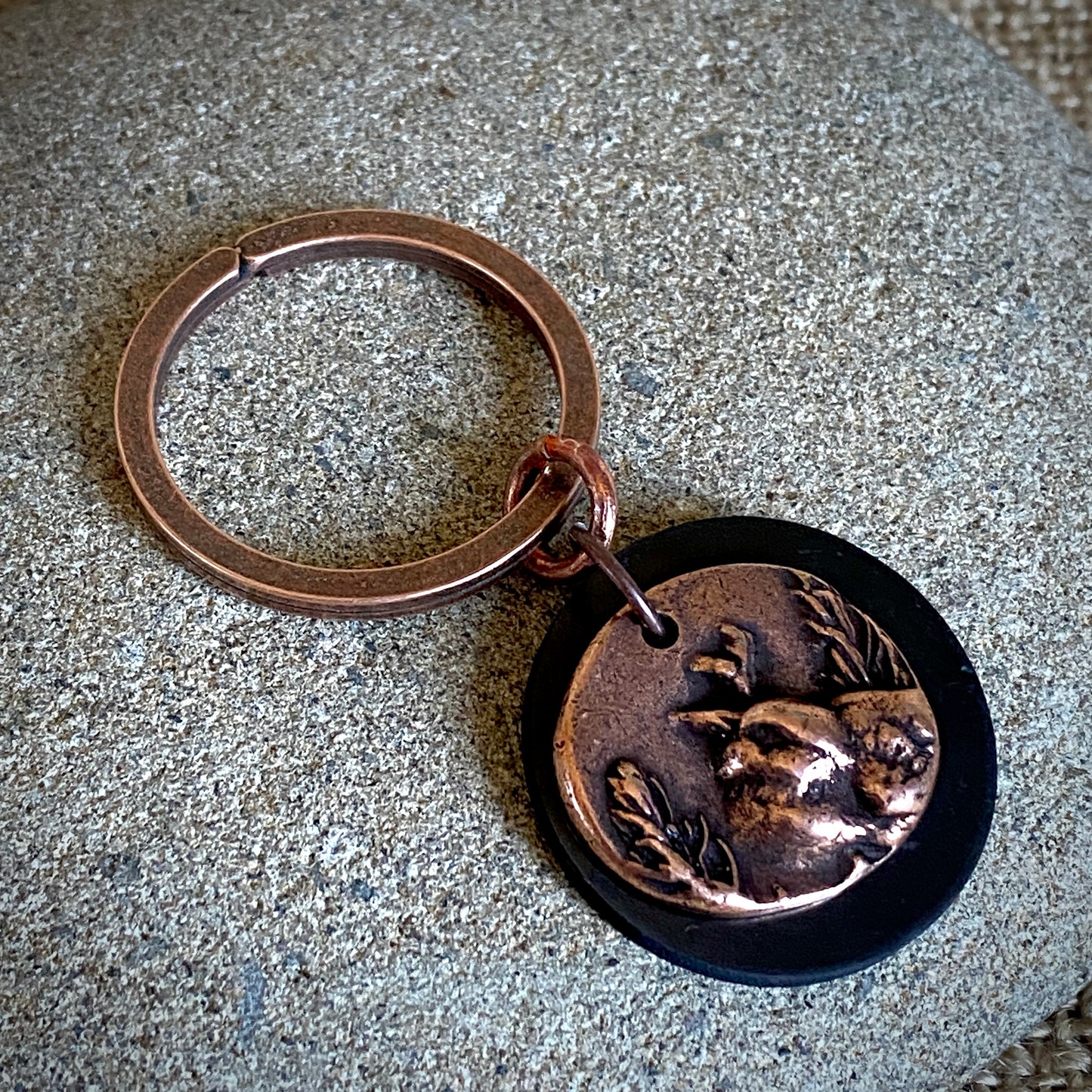 Shungite Disk Keychain With Weighty Antique Copper Bird Charm