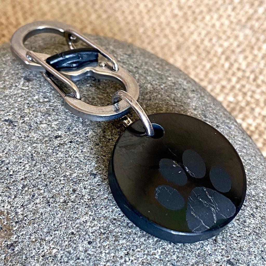 Shungite Disk With Engraved Paw, Pet Charm, Carabiner Clip for Collar