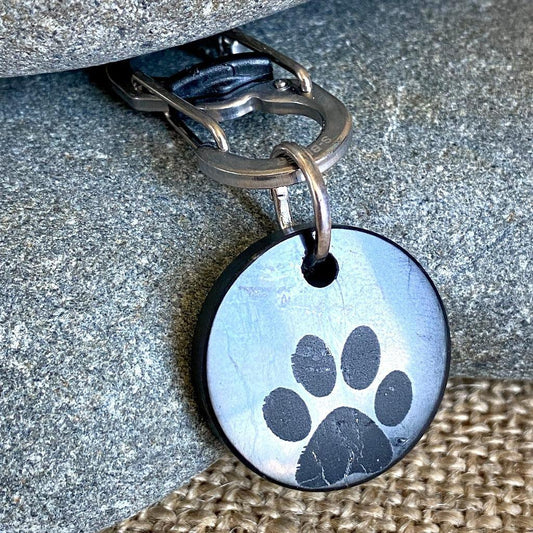 Shungite Disk With Engraved Paw, Pet Charm, Carabiner Clip for Collar