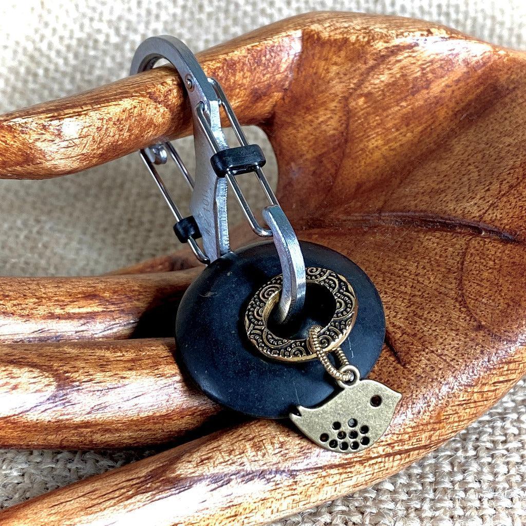 Shungite Donut Carabiner Clip-On, Brass Bird Charm & Embossed Brass Rings