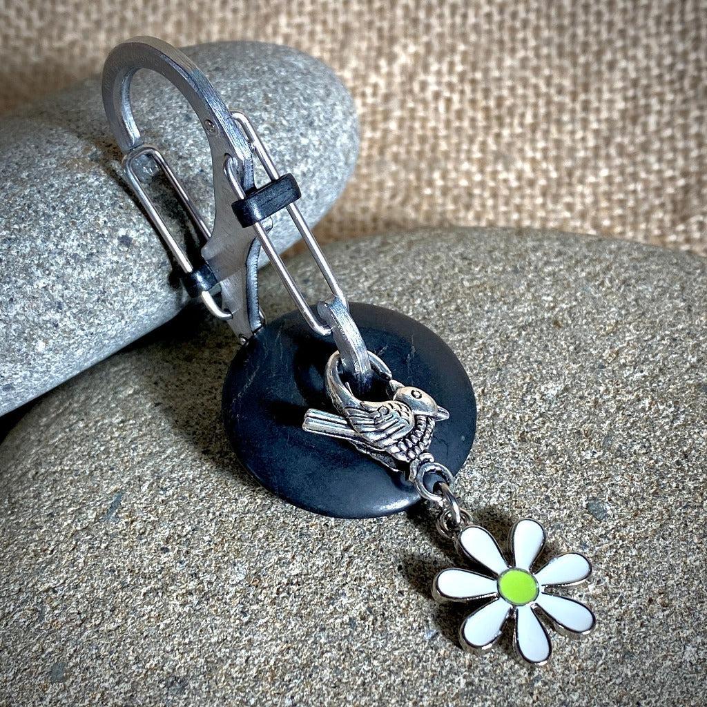 Shungite Donut Carabiner Clip-On With Silver Bird & Daisy