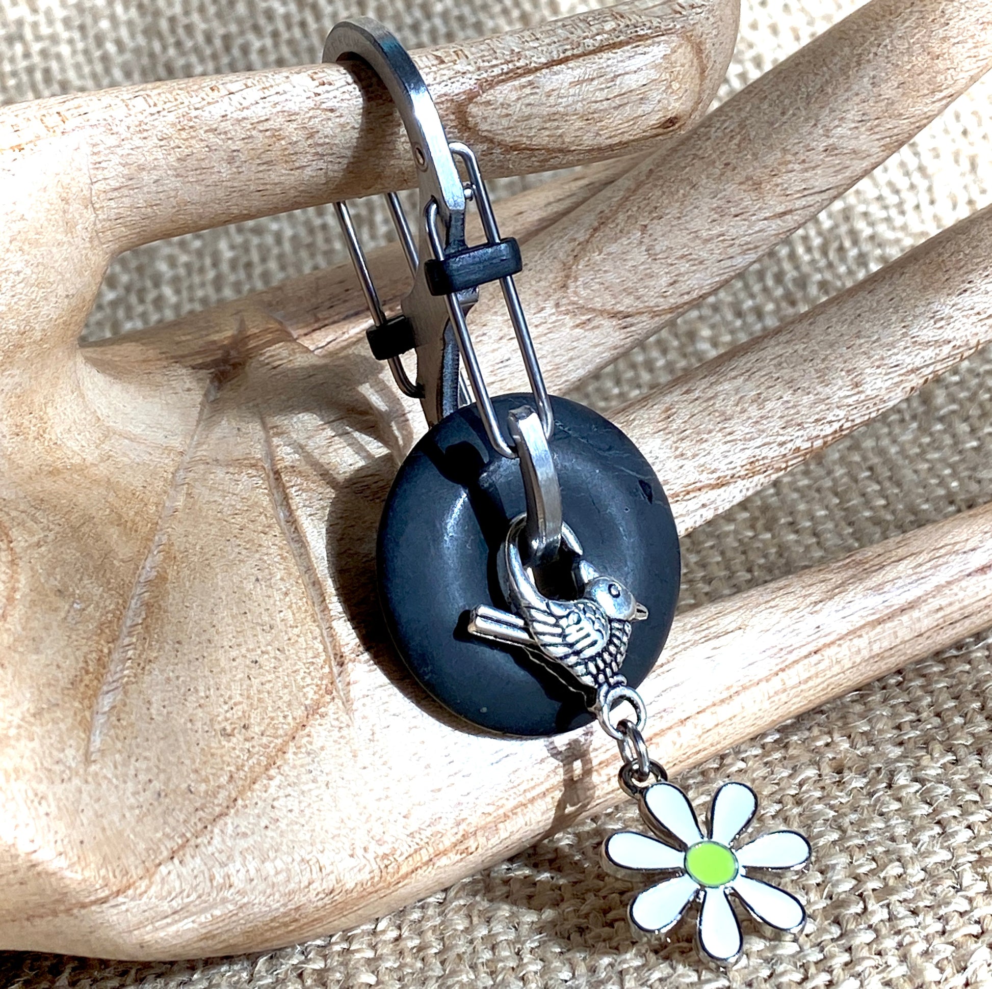 Shungite Donut Carabiner Clip-On With Silver Bird & Daisy