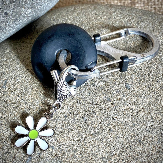 Shungite Donut Carabiner Clip-On With Silver Bird & Daisy