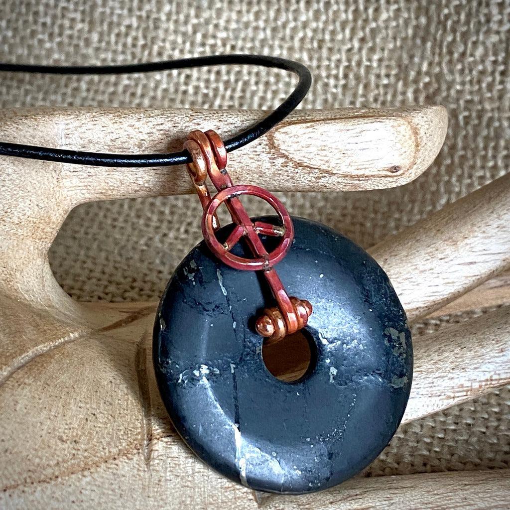 Shungite Donut Necklace With Artisan Copper Peace Sign Bail