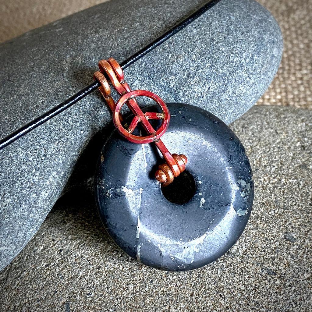 Shungite Donut Necklace With Artisan Copper Peace Sign Bail