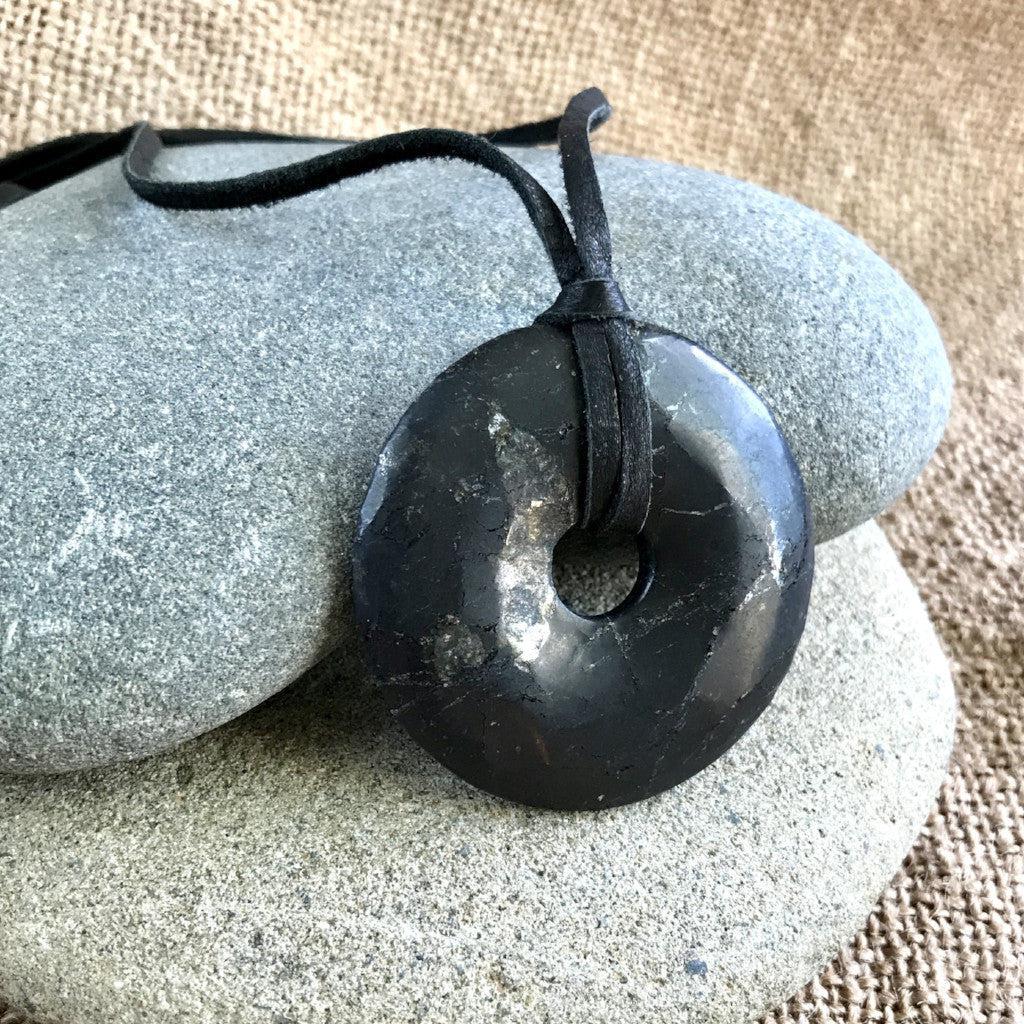 Shungite Donut Pendant, 50mm, Adjustable Deerskin Lace, Unisex