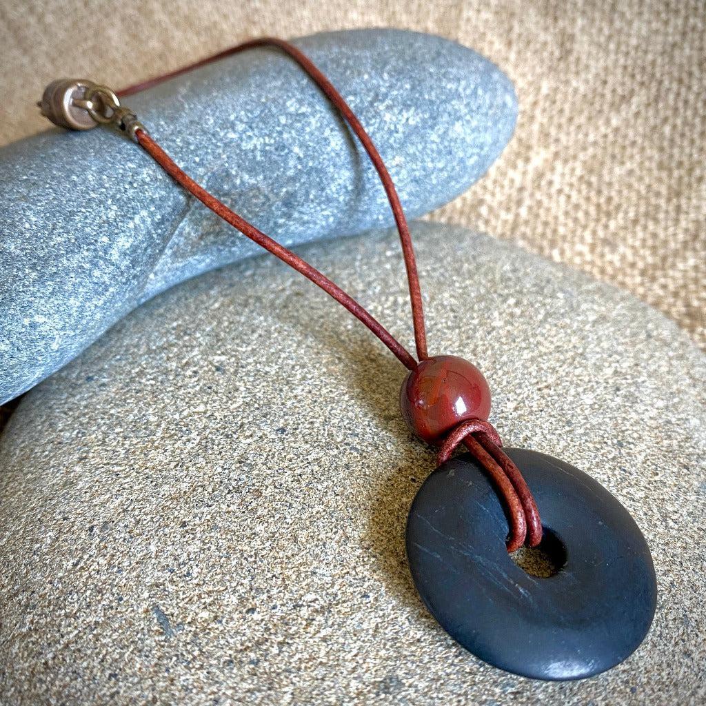 Shungite Donut & Red Jasper Rearview Mirror Dangle, Car Accessory