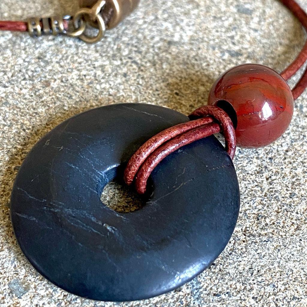 Shungite Donut & Red Jasper Rearview Mirror Dangle, Car Accessory