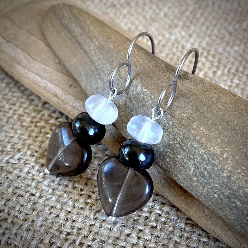 Shungite Earrings, Midnight Lace Obsidian Hearts, Selenite, Titanium