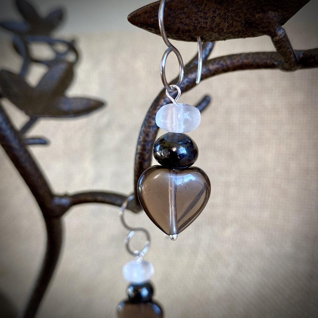 Shungite Earrings, Midnight Lace Obsidian Hearts, Selenite, Titanium