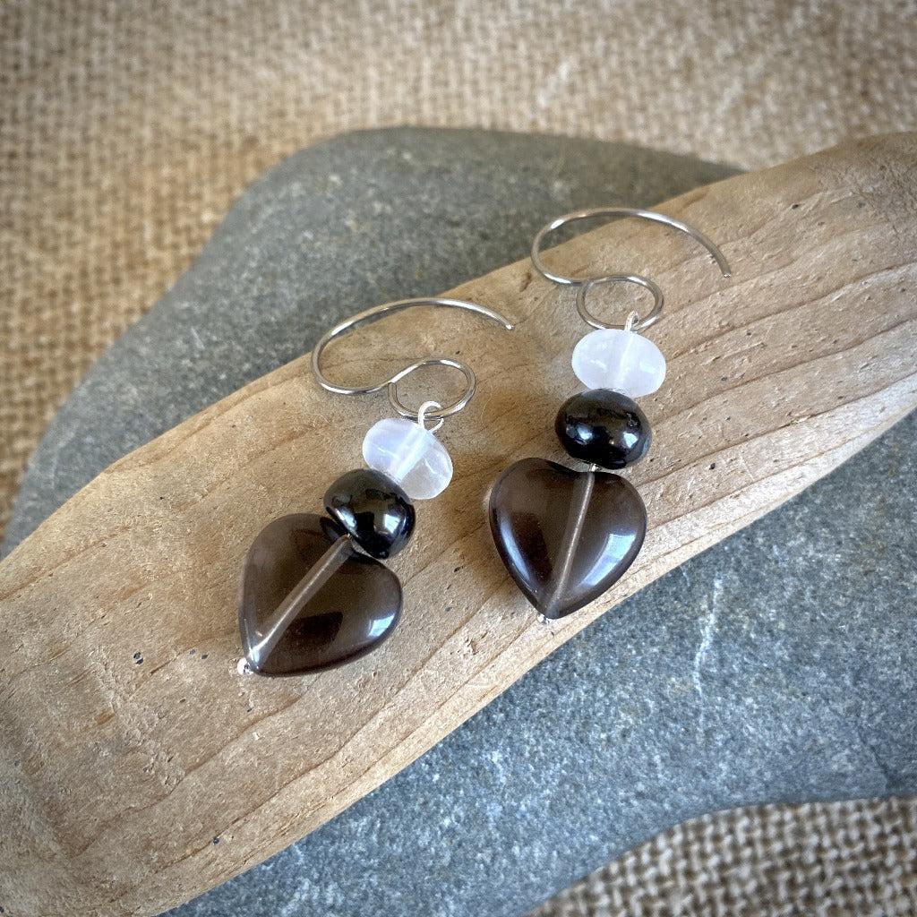 Shungite Earrings, Midnight Lace Obsidian Hearts, Selenite, Titanium