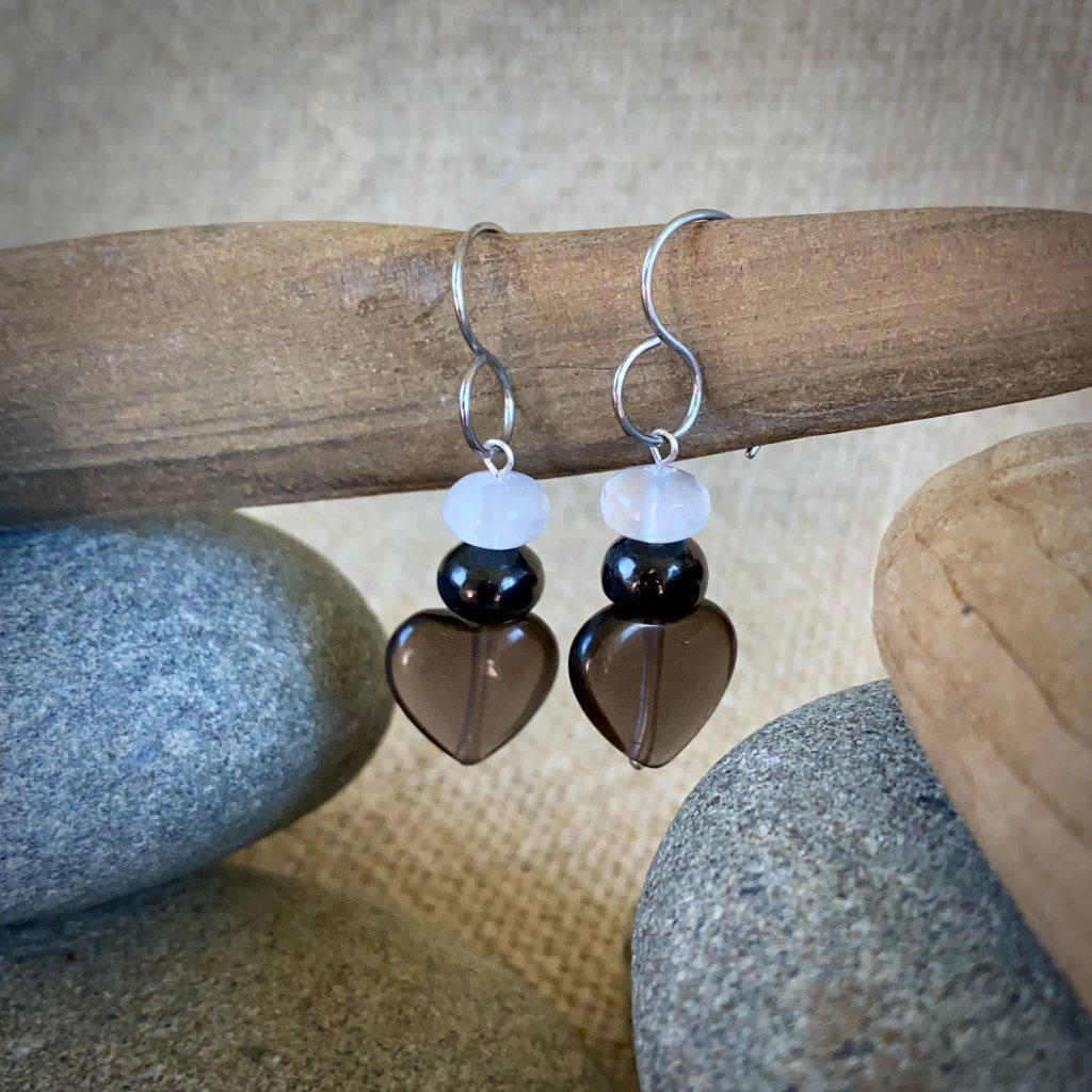 Shungite Earrings, Midnight Lace Obsidian Hearts, Selenite, Titanium