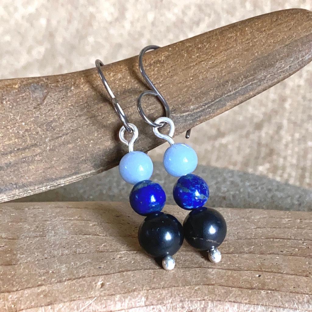 Shungite Earrings with Lapis and Angelite, Intuition, Communication