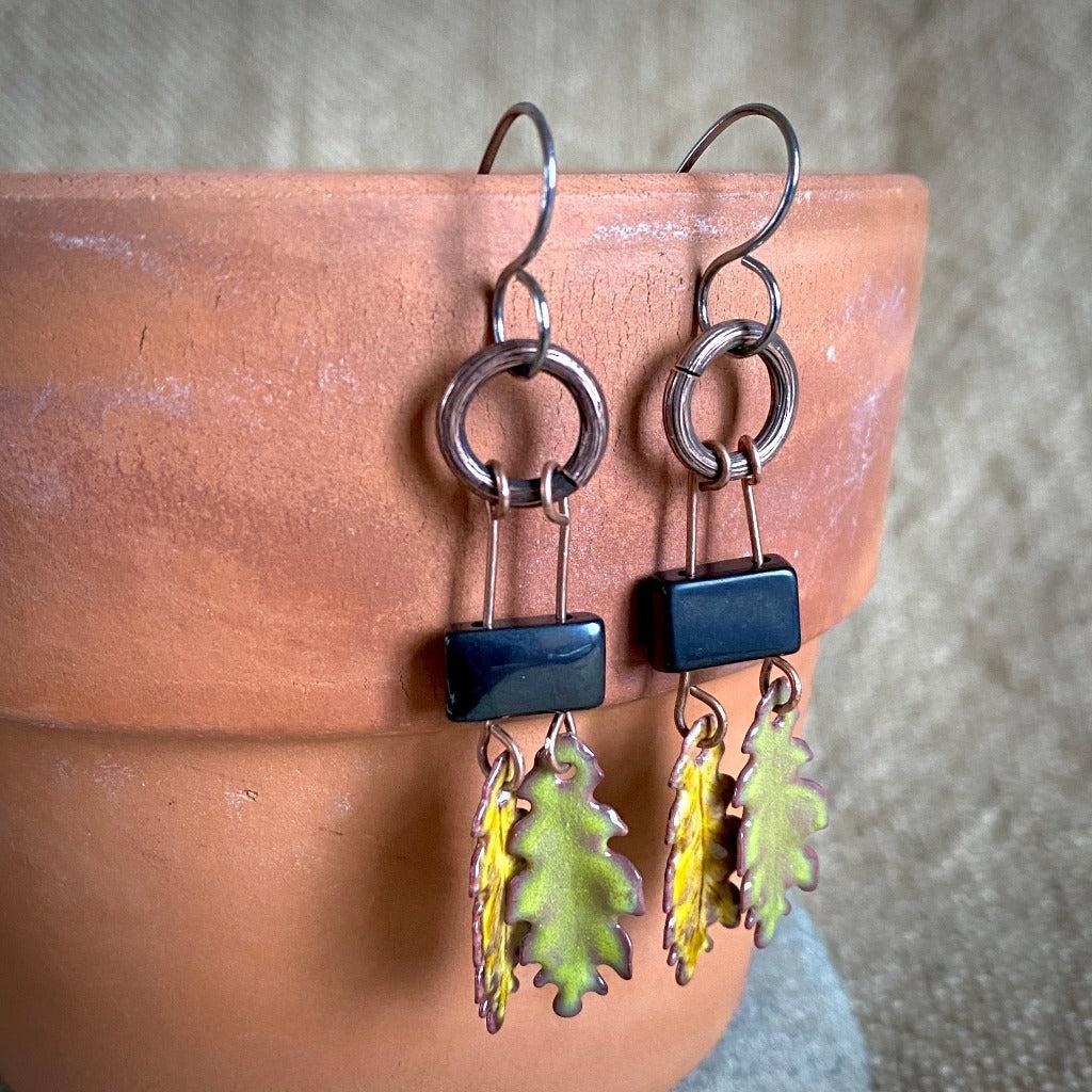 Shungite & Enameled Copper Double Oak Leaf Earrings, Yellow & Green