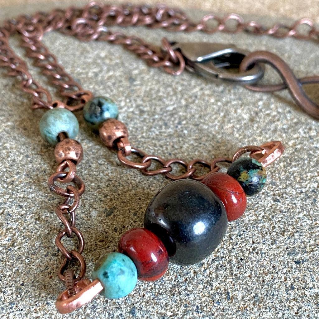 Shungite, Jasper, African Turquoise Necklace, Hammered Copper